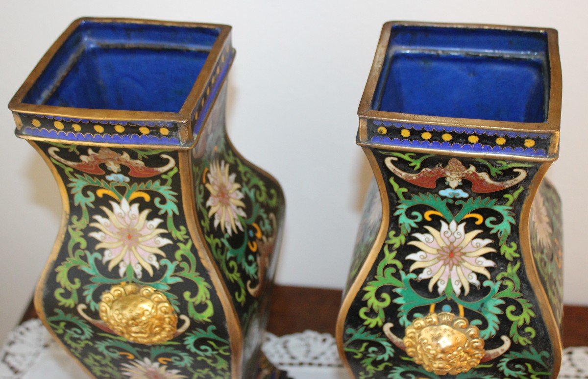 Pair Of "hu" Square Cloisonne Vases, China, Circa 1920s.-photo-1