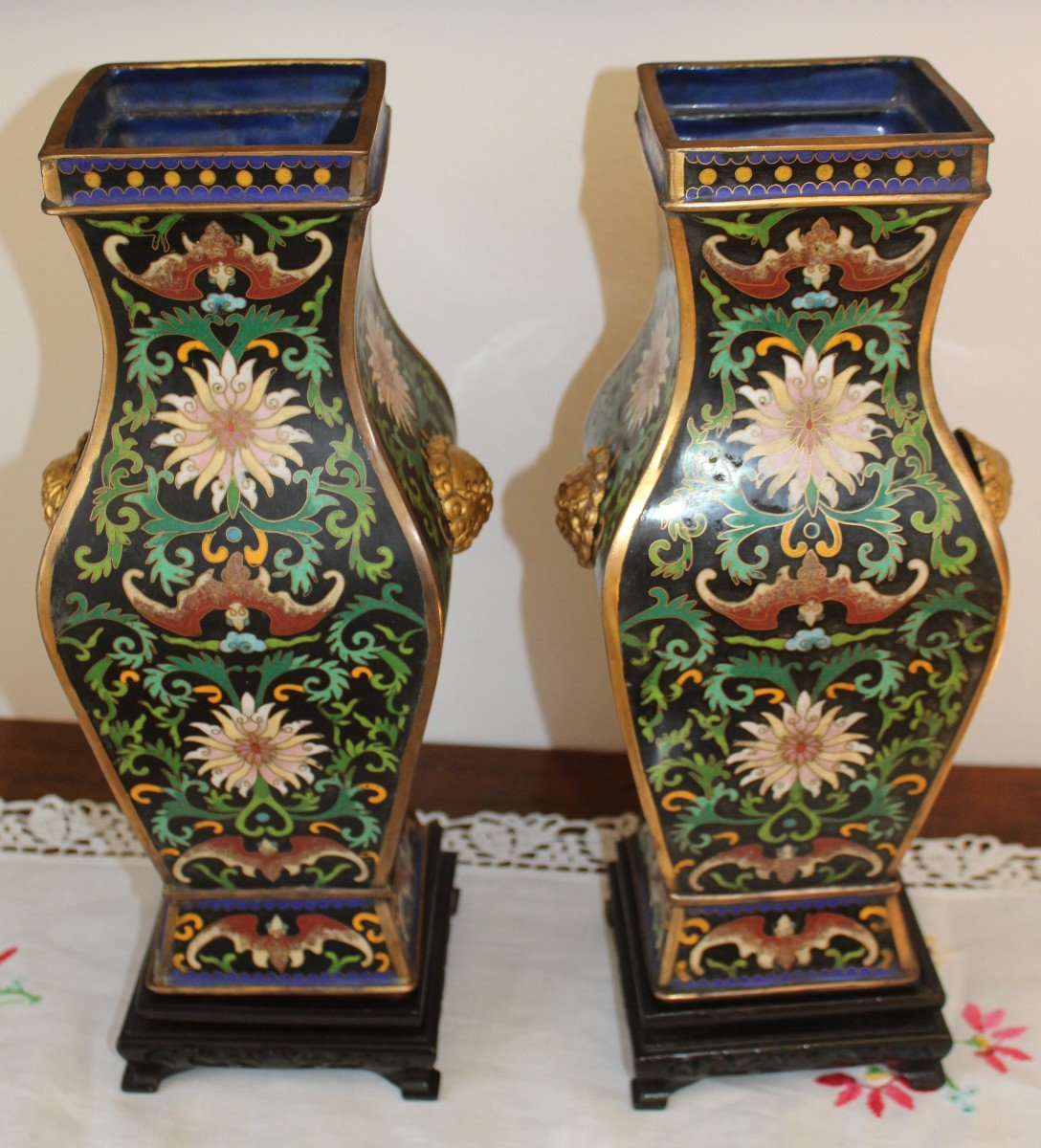 Pair Of "hu" Square Cloisonne Vases, China, Circa 1920s.-photo-2