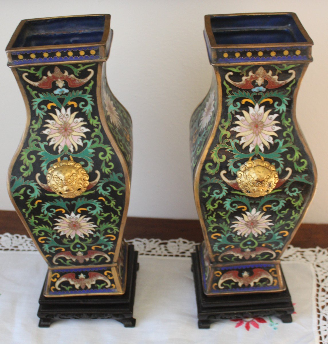 Pair Of "hu" Square Cloisonne Vases, China, Circa 1920s.-photo-3