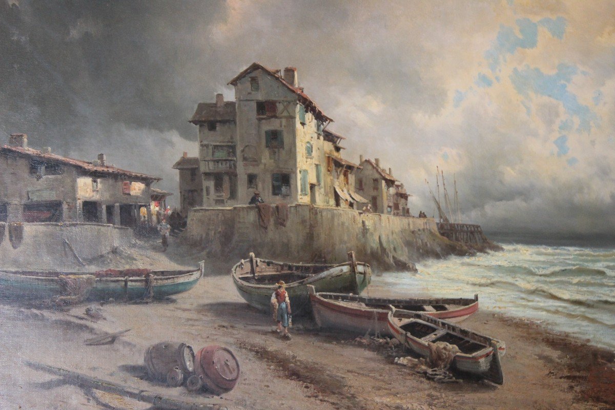 Large Oil Painting , Marina "porto Animato", Attributable To Eugenio Amus (1834-1899)-photo-2