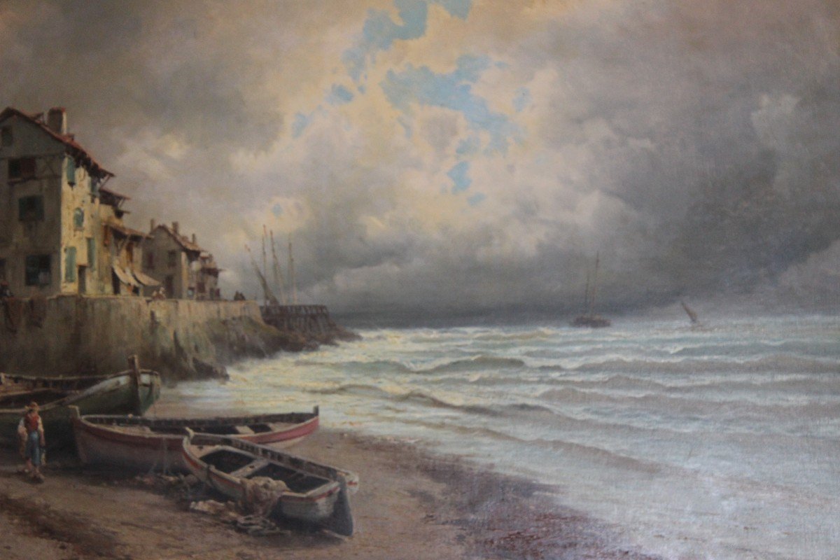 Large Oil Painting , Marina "porto Animato", Attributable To Eugenio Amus (1834-1899)-photo-3