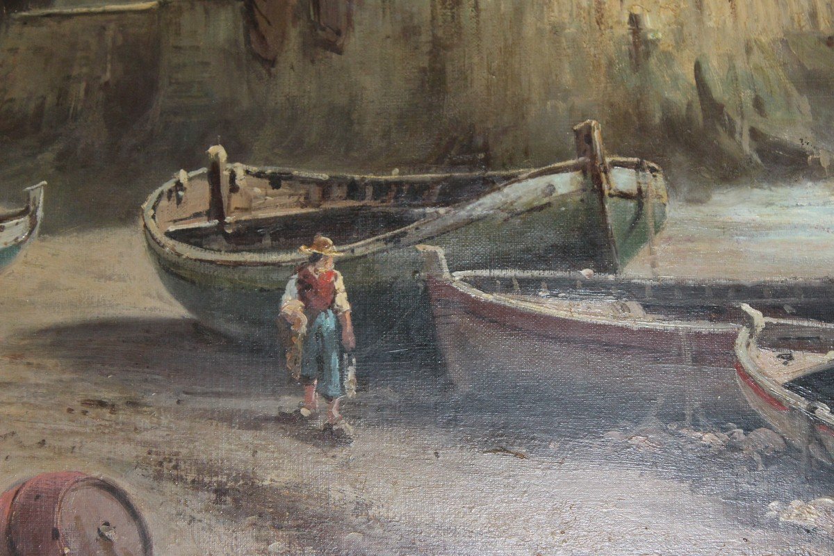 Large Oil Painting , Marina "porto Animato", Attributable To Eugenio Amus (1834-1899)-photo-4