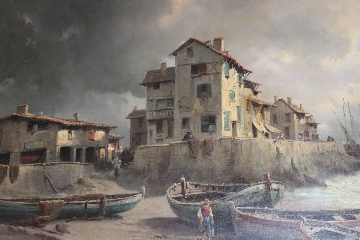 Large Oil Painting , Marina "porto Animato", Attributable To Eugenio Amus (1834-1899)-photo-1