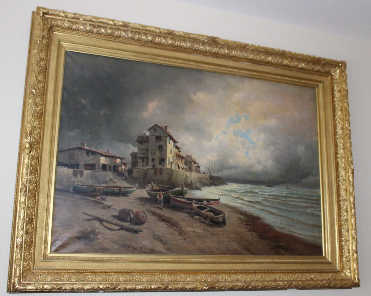 Large Oil Painting , Marina "porto Animato", Attributable To Eugenio Amus (1834-1899)