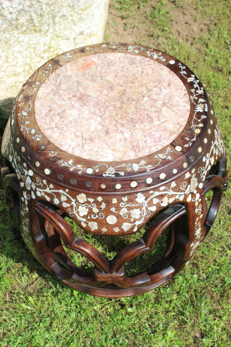 Tabouret En Bois De Fer Et Marqueterie Nacre, Chine XIX Siecle.-photo-2