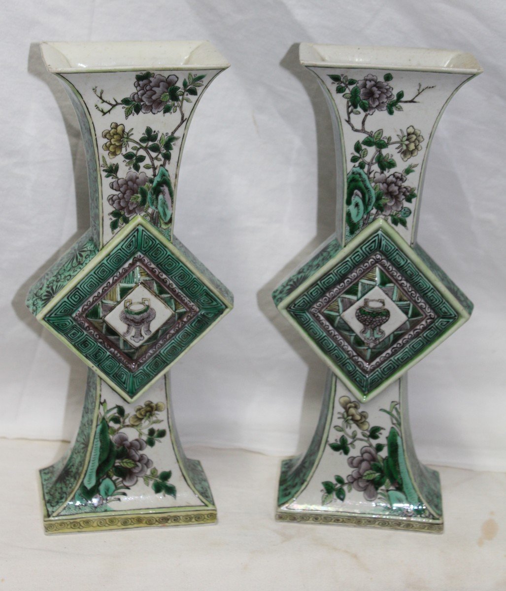 Paire Des Vases Chinois "gu" De La Famille Verte, Chine XIX Siecle.-photo-2