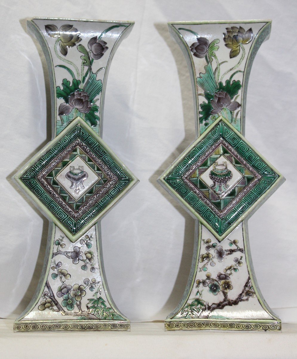 Pair Of Chinese “gu” Vases From The Famille Verte, China 19th Century.