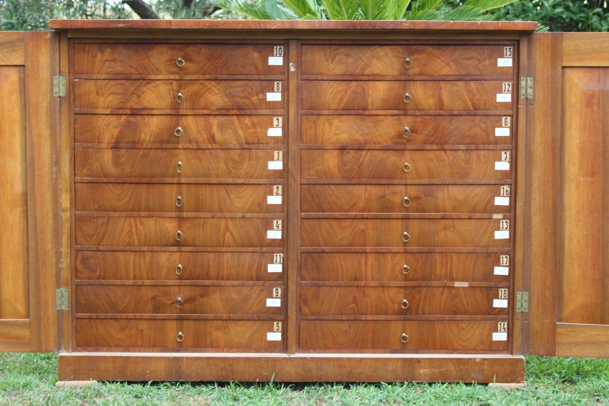 Rare Biedermeier Period Apothecary's Walnut Chest Of Drawers With 18 Drawers, Circa 1840.