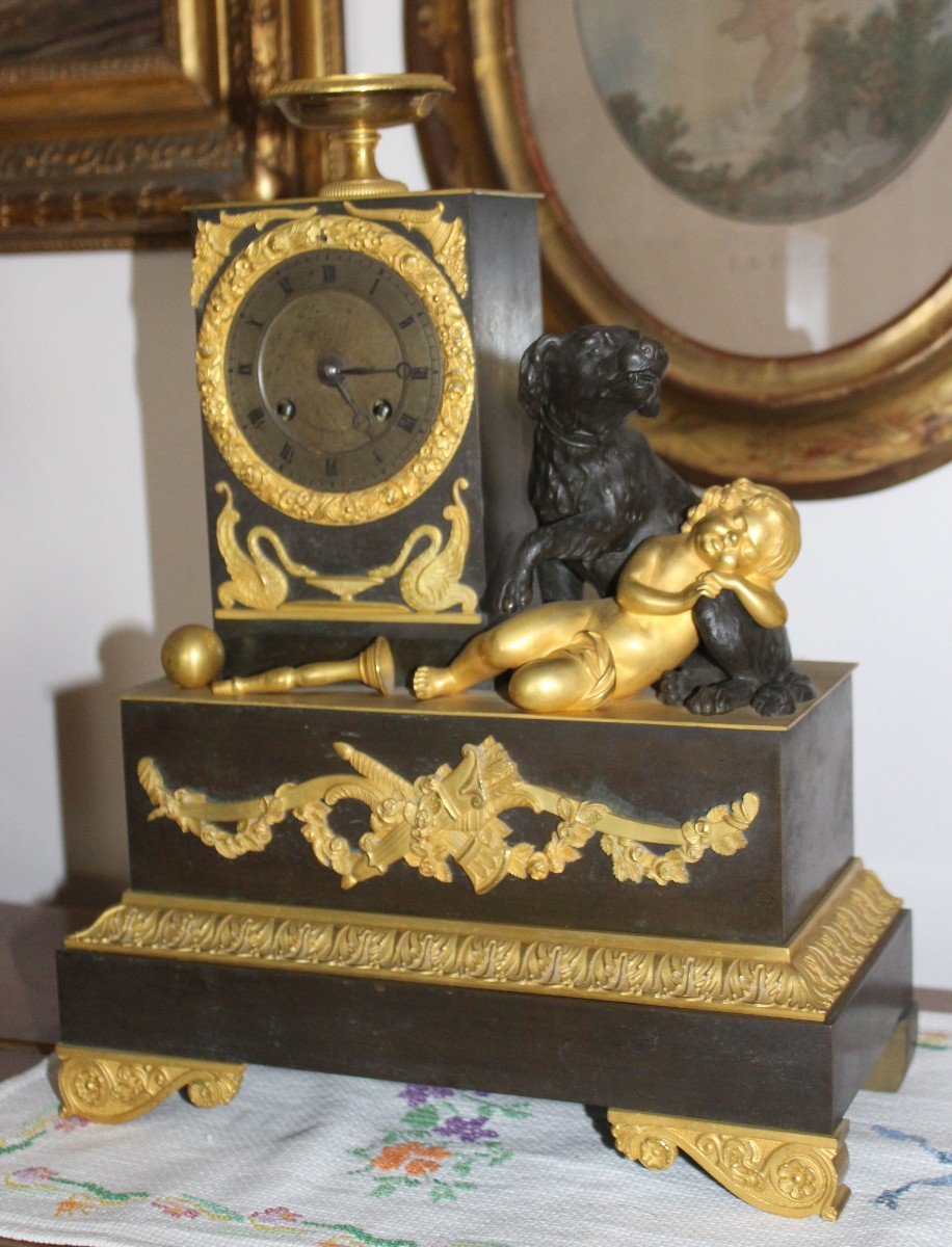 Bronze Clock "child With Dog", Restoration Period 1820/1830.-photo-2