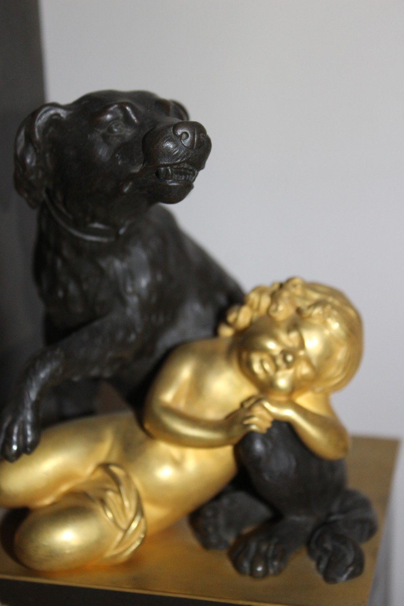 Bronze Clock "child With Dog", Restoration Period 1820/1830.-photo-4