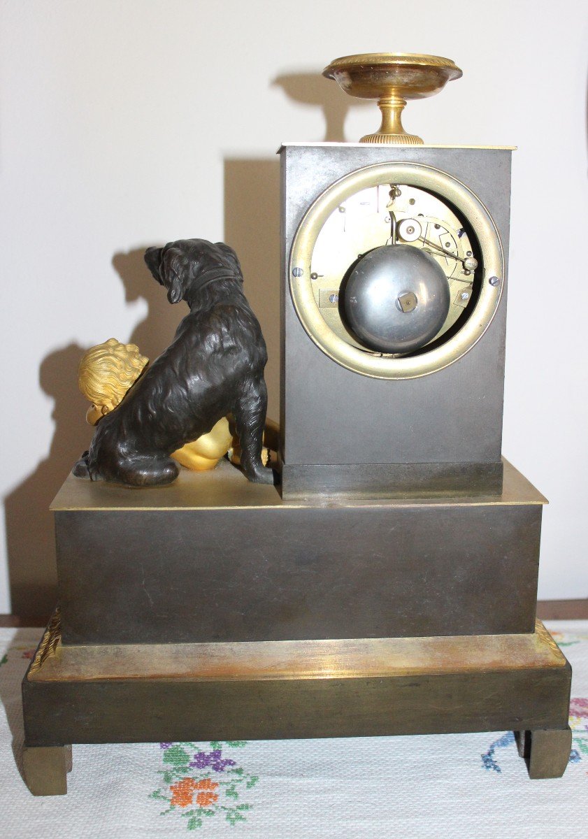 Bronze Clock "child With Dog", Restoration Period 1820/1830.-photo-1