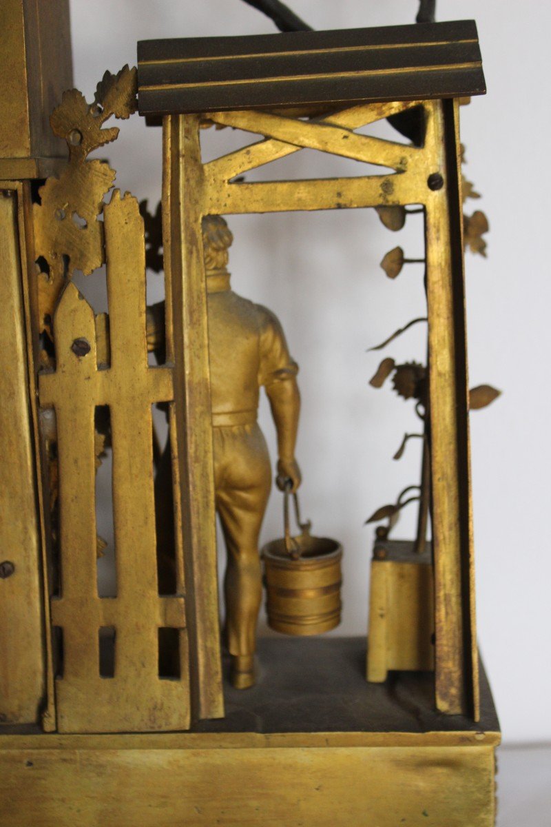 Rare Table Clock "gardener" Clock In Gilt Bronze, Empire Period Circa 1820.-photo-5