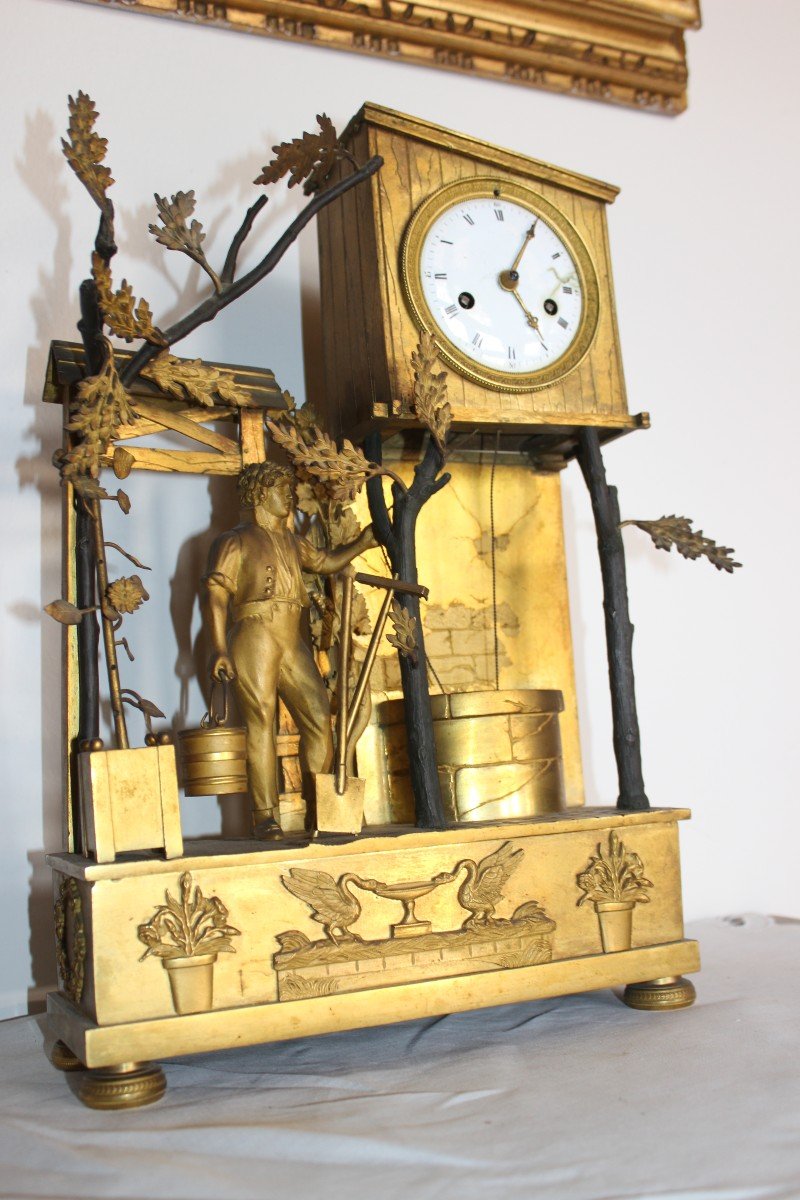 Rare Table Clock "gardener" Clock In Gilt Bronze, Empire Period Circa 1820.-photo-6