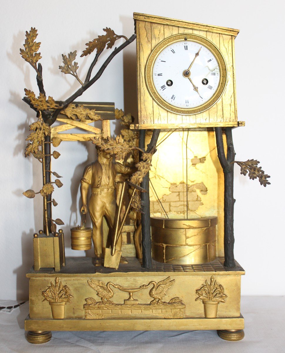 Rare Table Clock "gardener" Clock In Gilt Bronze, Empire Period Circa 1820.