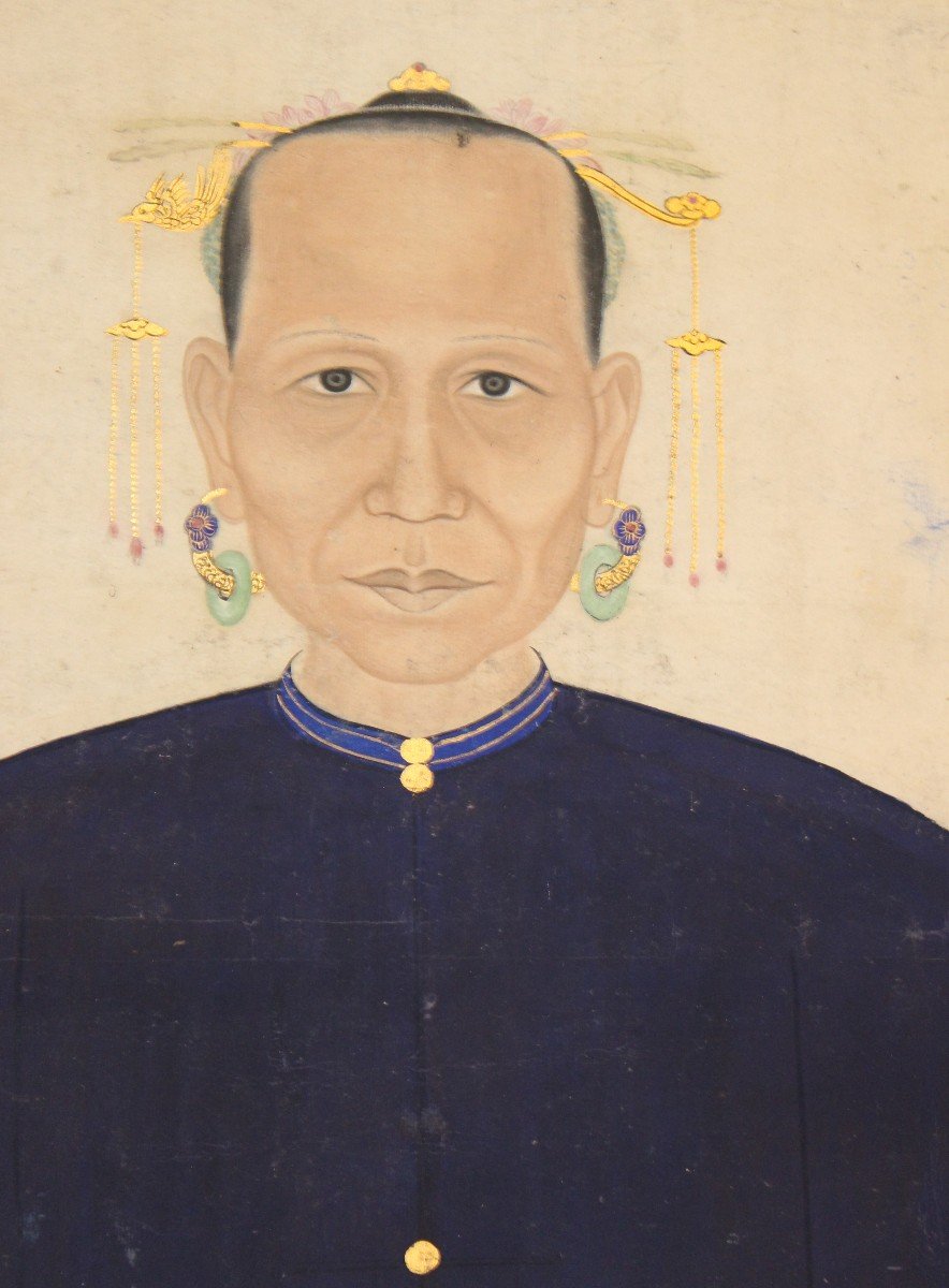 Paire Des Grands Portraits d'Ancètres Chinois Sur Papier, Dinastie Qing, XIX Siecle.-photo-2