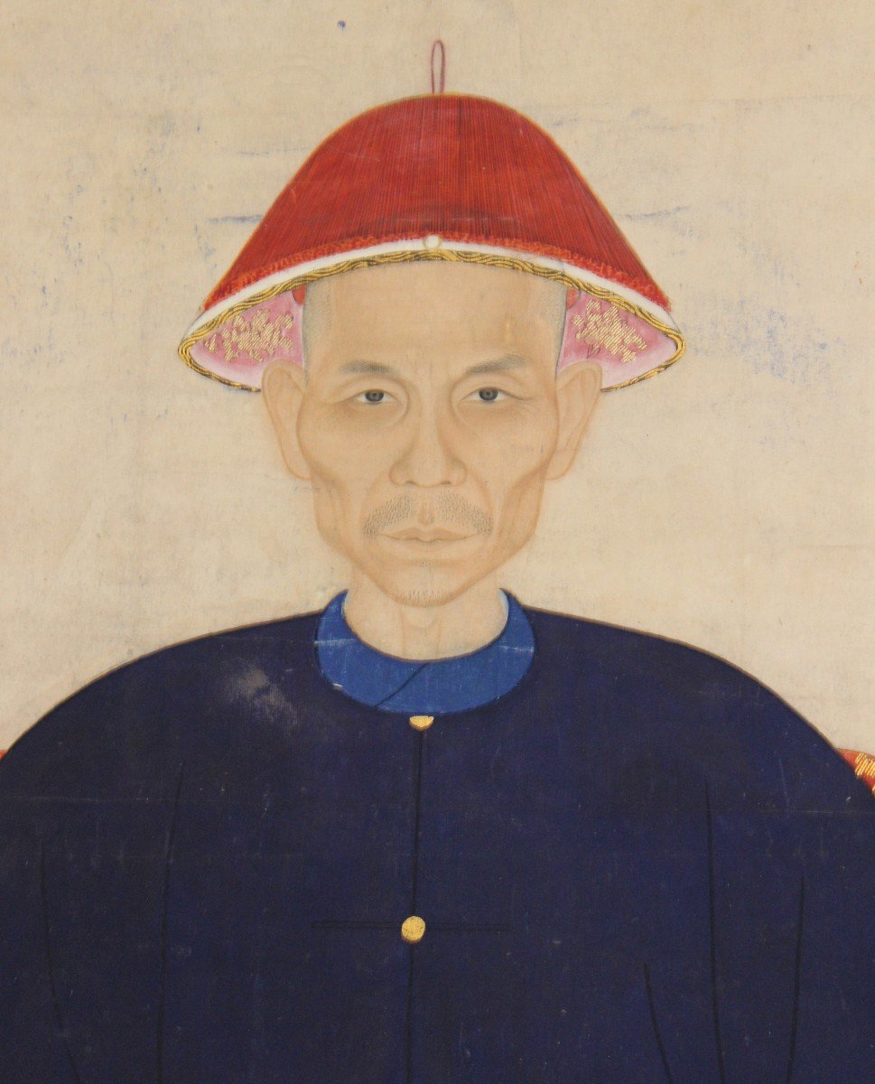 Paire Des Grands Portraits d'Ancètres Chinois Sur Papier, Dinastie Qing, XIX Siecle.-photo-3