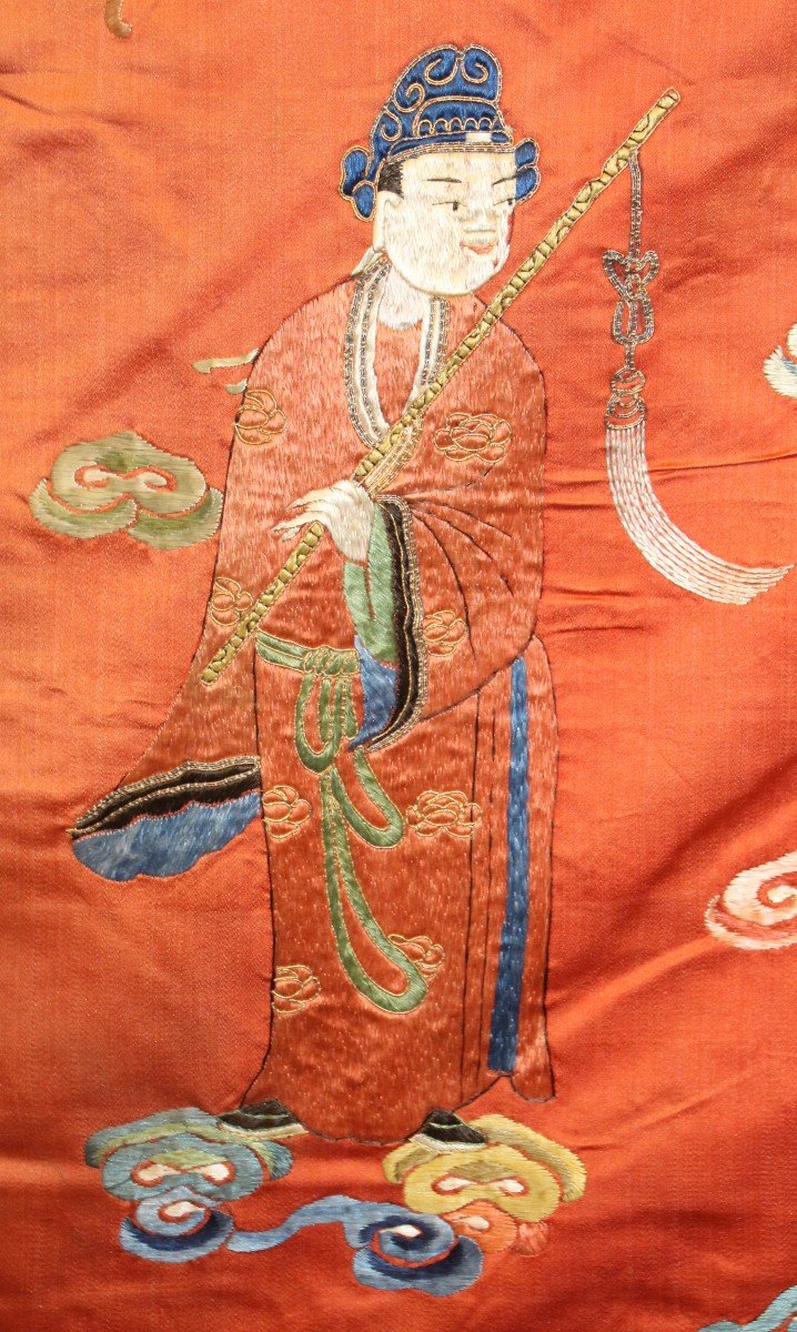 Very Large Chinese Embroidered Silk Hanging, Eight Chinese Immortals.-photo-4