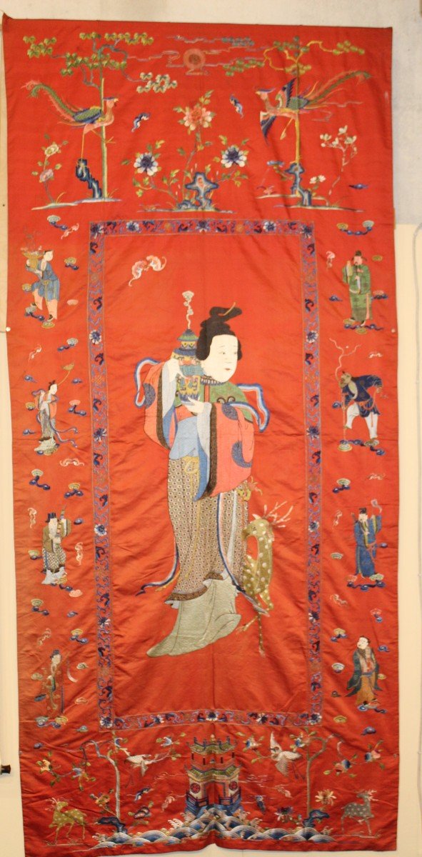 Very Large Chinese Embroidered Silk Hanging, Eight Chinese Immortals.