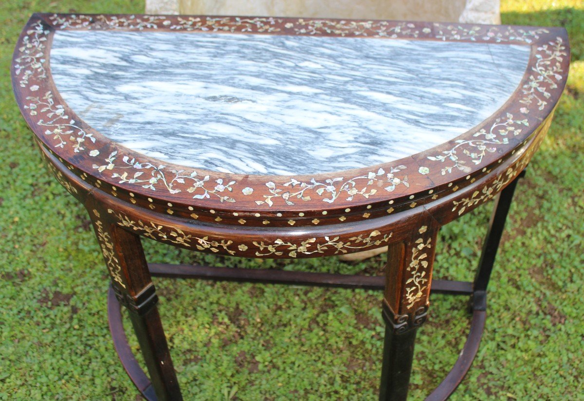 Chinese Half-moon Console Table In Ironwood With Mother-of-pearl Inlay, China, 19th Century.-photo-4