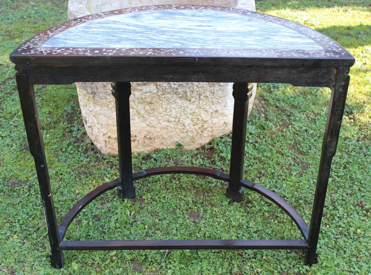 Chinese Half-moon Console Table In Ironwood With Mother-of-pearl Inlay, China, 19th Century.-photo-1