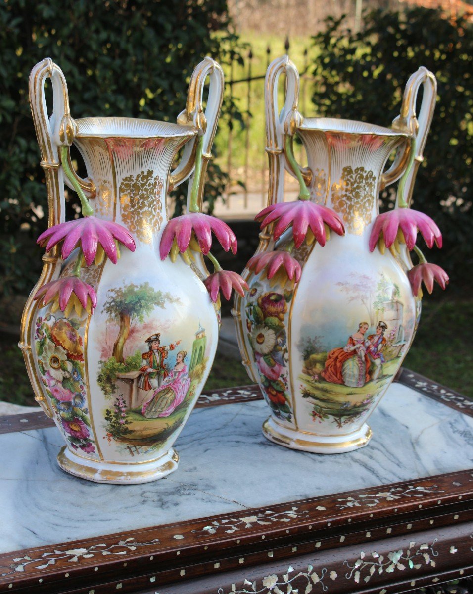 Pair Of Large Old Paris Porcelain Vases, Napoleon III Period.-photo-2