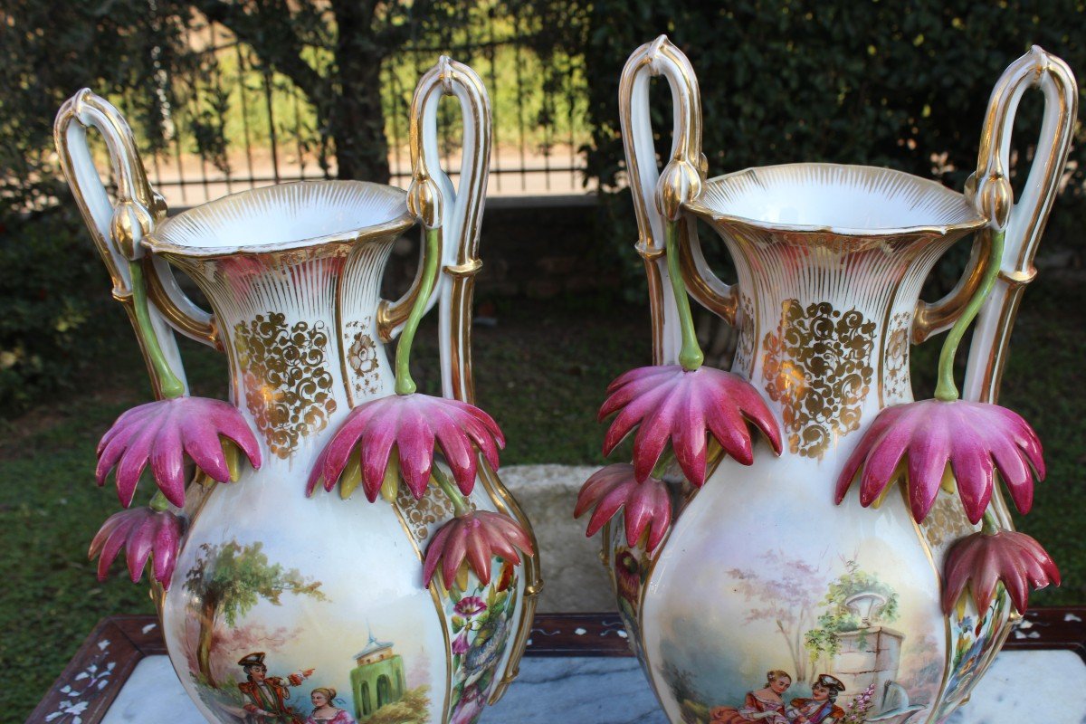 Pair Of Large Old Paris Porcelain Vases, Napoleon III Period.-photo-1