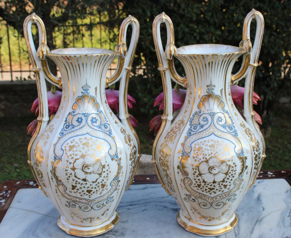 Pair Of Large Old Paris Porcelain Vases, Napoleon III Period.-photo-3