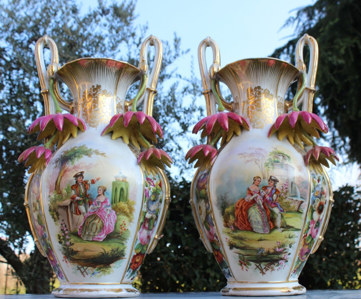 Pair Of Large Old Paris Porcelain Vases, Napoleon III Period.-photo-5