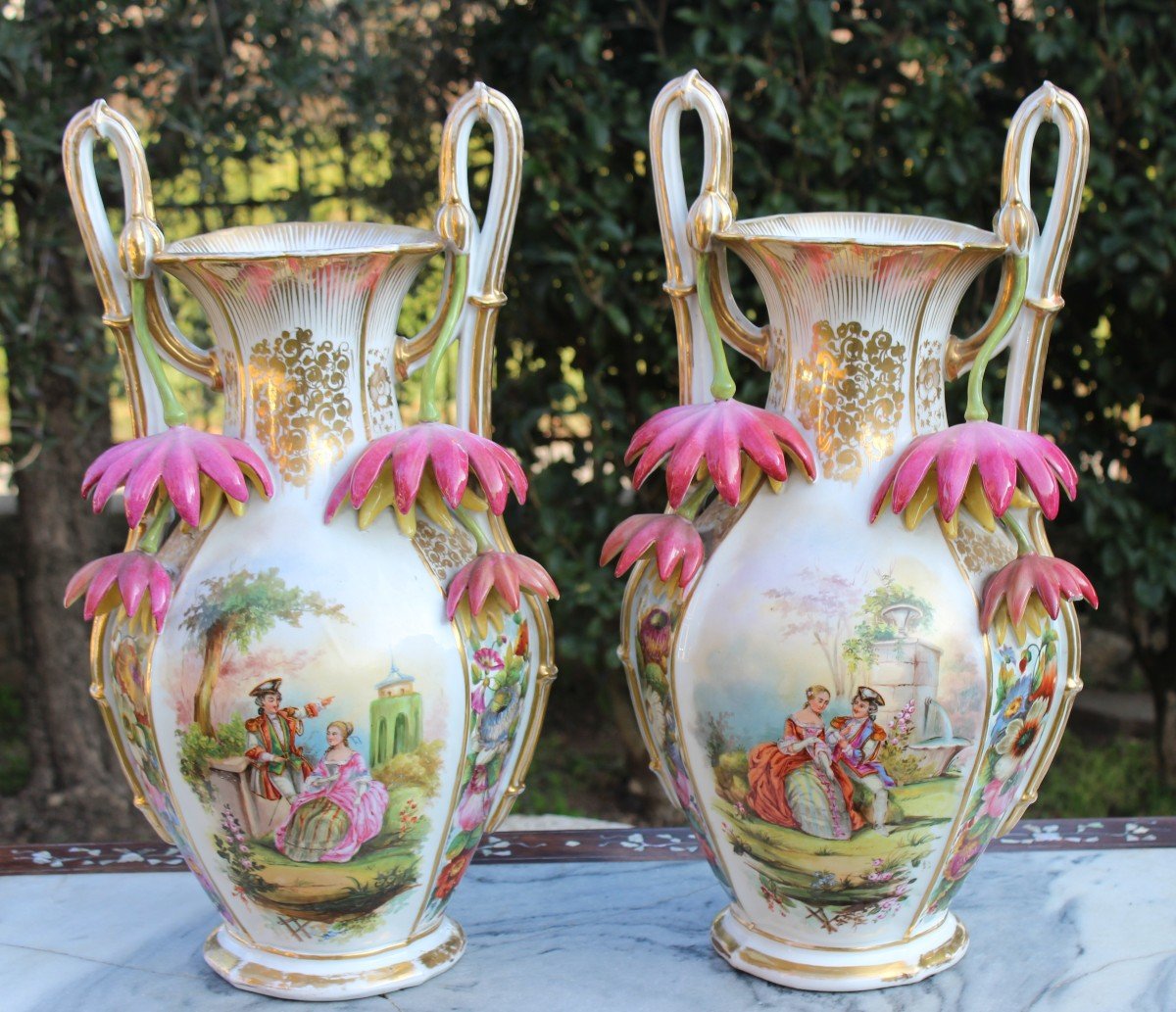 Pair Of Large Old Paris Porcelain Vases, Napoleon III Period.