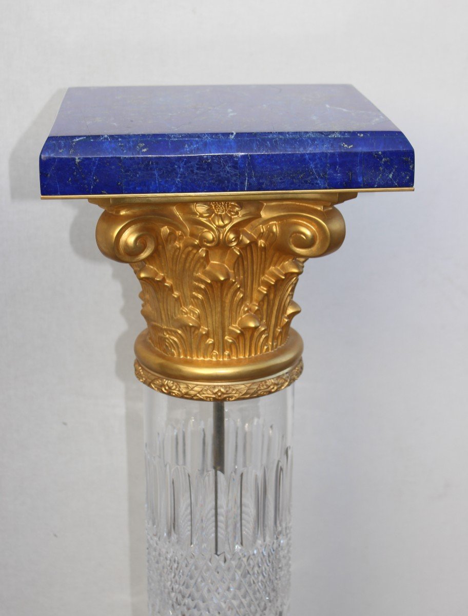 Paire De Colonnes En Cristal. Bronze Dorè Et Lapis lazuli,  Baldi Florence.-photo-2