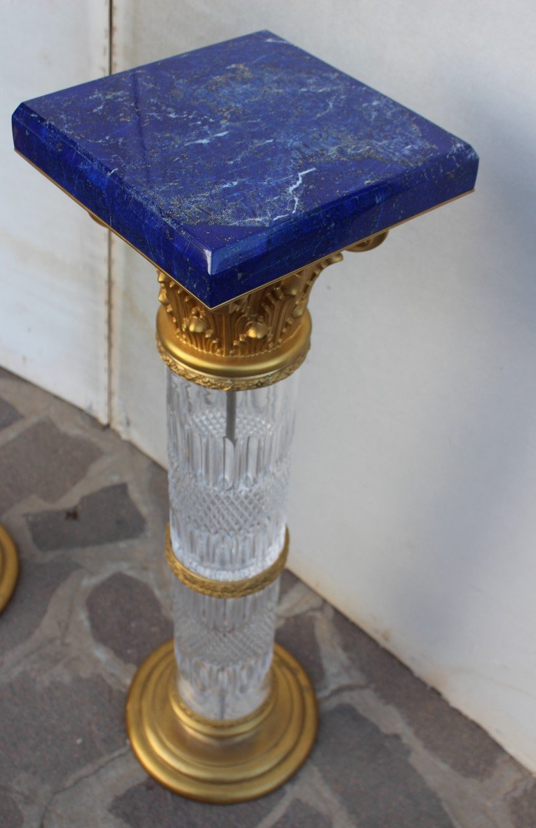 Paire De Colonnes En Cristal. Bronze Dorè Et Lapis lazuli,  Baldi Florence.-photo-1