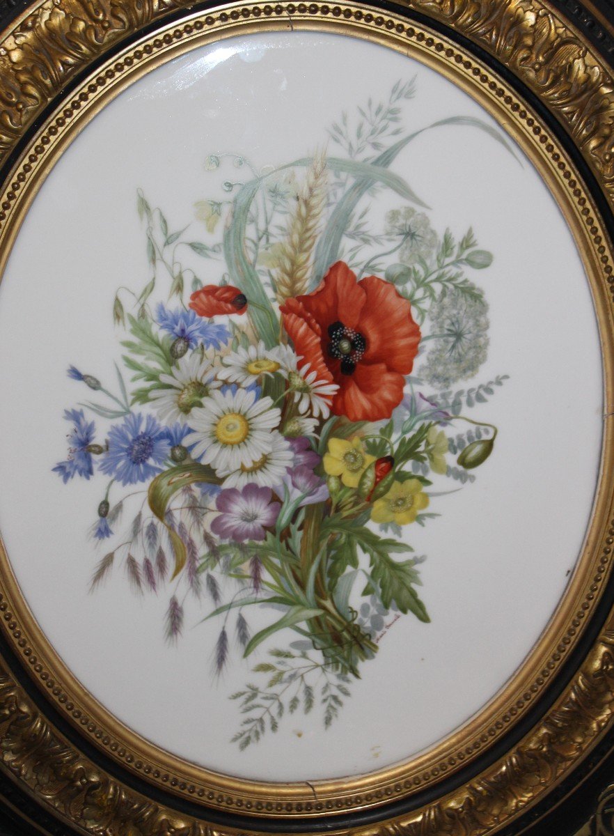 Large Floreal Painting On Oval Porcelain, Signed, France 19th Century.-photo-2