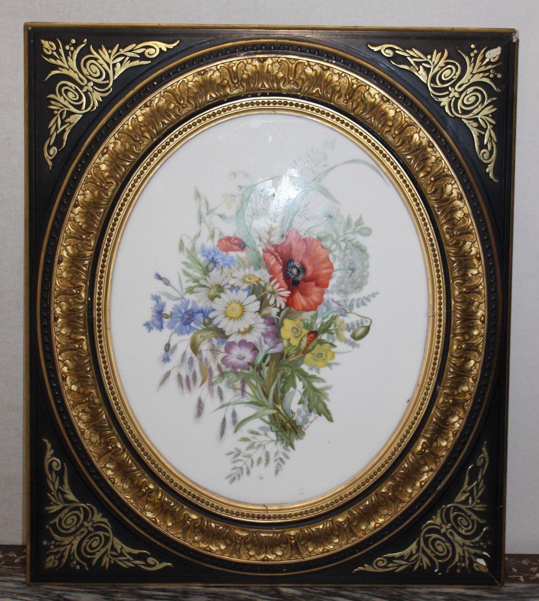 Large Floreal Painting On Oval Porcelain, Signed, France 19th Century.-photo-2