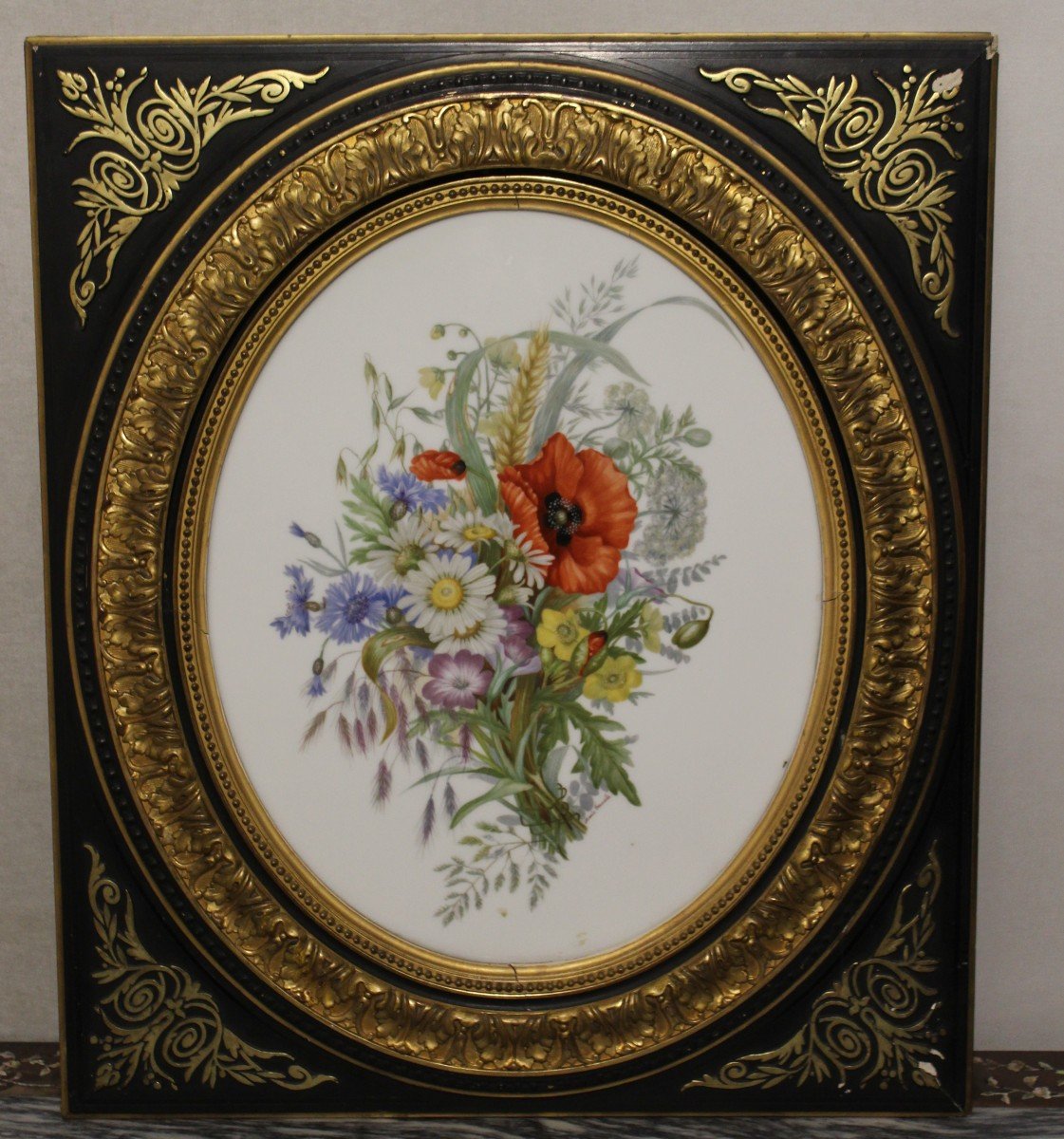 Large Floreal Painting On Oval Porcelain, Signed, France 19th Century.