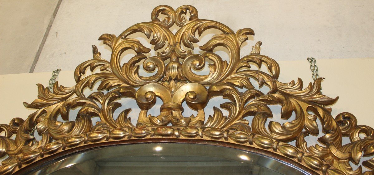 Tres Grand Miroir Ovale En Bois Sculptè Et Dorè, Italie XIX Siecle-photo-4