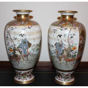 Pair Of Satsuma Vases, Meiji Period, Japan  Late 19th Century.