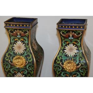 Pair Of "hu" Square Cloisonne Vases, China, Circa 1920s.