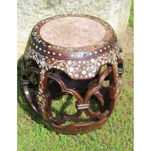 Tabouret En Bois De Fer Et Marqueterie Nacre, Chine XIX Siecle.