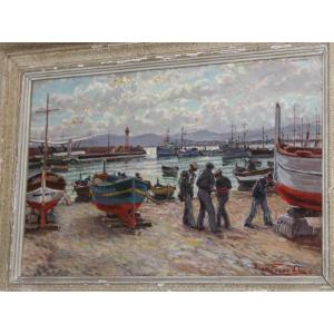 Pier Focardi (1889-1945) "fishermen In The Port At Saint Raphael" Oil On Panels, Dated 1938.