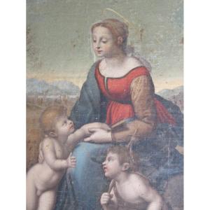 "virgin With The Child Jesus And The Child Saint John" After Raphael, 18th Century.