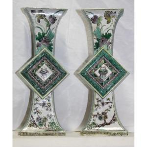 Pair Of Chinese “gu” Vases From The Famille Verte, China 19th Century.