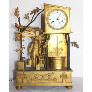 Rare Table Clock "gardener" Clock In Gilt Bronze, Empire Period Circa 1820.