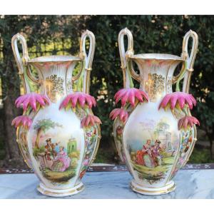 Pair Of Large Old Paris Porcelain Vases, Napoleon III Period.