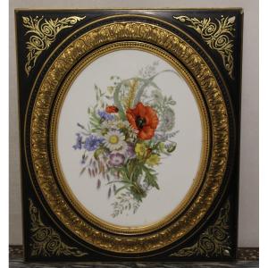 Large Floreal Painting On Oval Porcelain, Signed, France 19th Century.