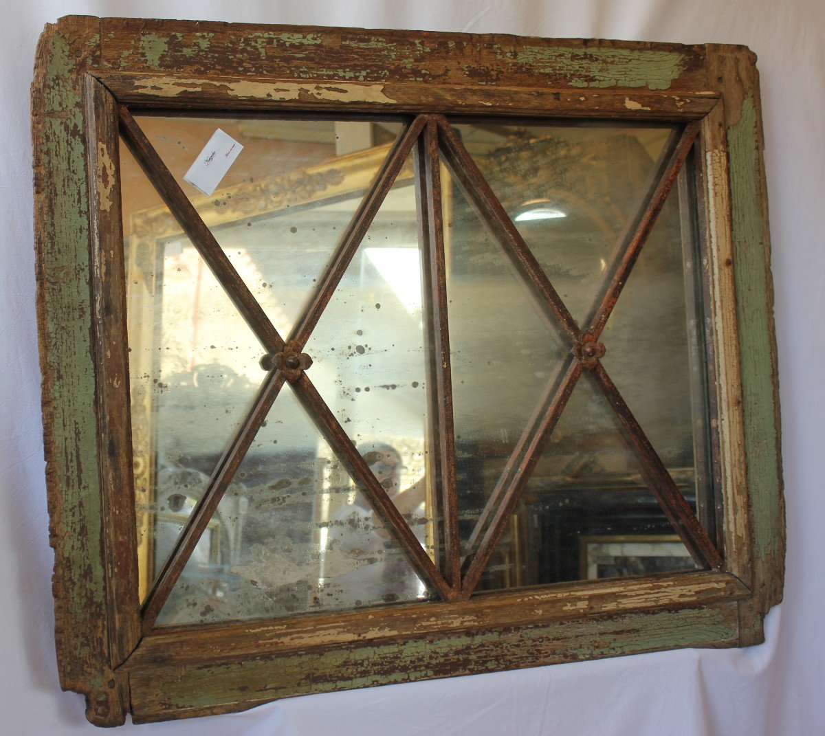 Old Mirror, Woodwork Transom, Element Of Architecture, Wood And Wrought Iron 78 X 95 Cm-photo-1