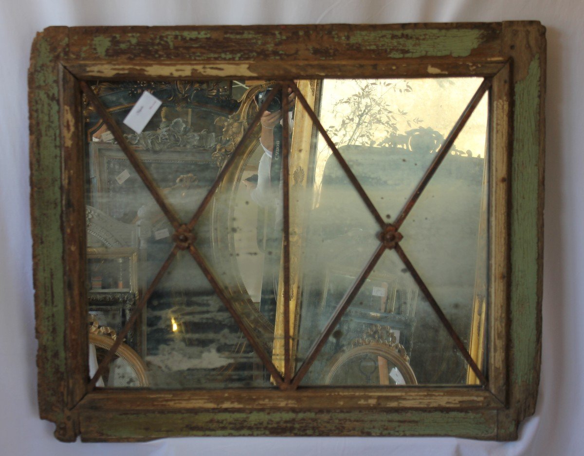 Old Mirror, Woodwork Transom, Element Of Architecture, Wood And Wrought Iron 78 X 95 Cm