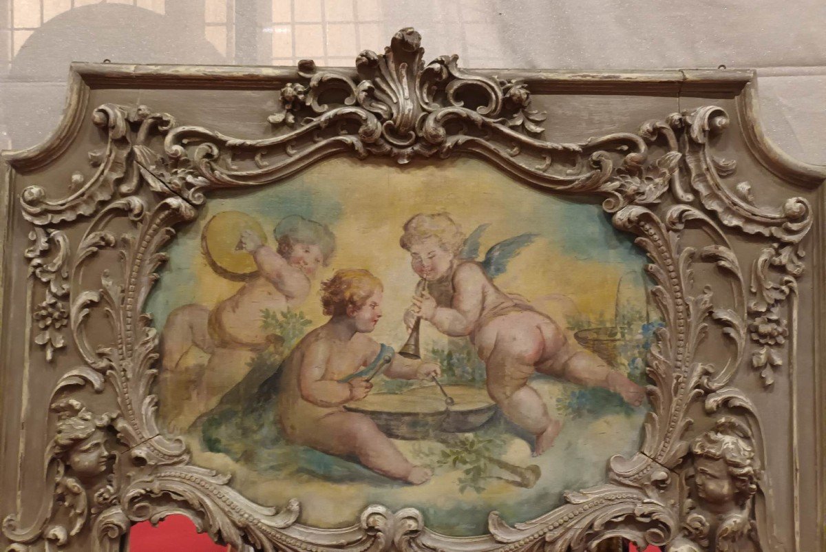 Trumeau XVIII&egrave;me, Louis XV, Ch&ecirc;ne Sculpt&eacute; aux Anges Ail&eacute;s Et Toile Aux Ch&eacute;rubins 118 X 178 Cm-photo-4