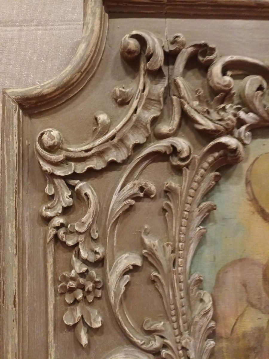 Trumeau XVIII&egrave;me, Louis XV, Ch&ecirc;ne Sculpt&eacute; aux Anges Ail&eacute;s Et Toile Aux Ch&eacute;rubins 118 X 178 Cm-photo-1