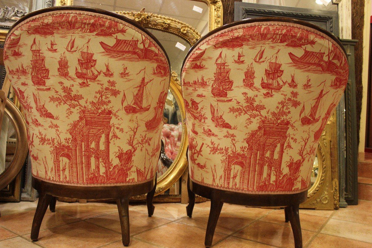 Pair Of Louis Philippe Gondola Bergere Armchairs, Padded Tapestry, Toile De Jouy-photo-4