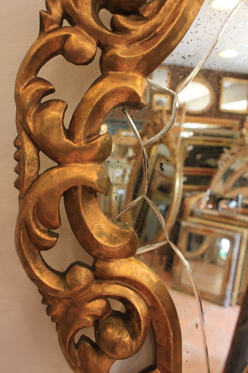 Italian Mirror Carved, Openwork, Contoured And Gilded Wood 52 X 82 Cm-photo-4